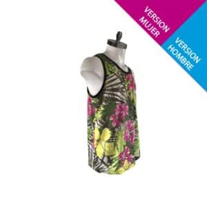 PLAYERA-TANK TRAINING FLORES POLYNESICAS VERDE Y MAGENTA